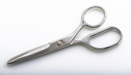 Obraz premium A sharp pair of stainless steel scissors, isolated on a white background, highlighting their precision and durability.