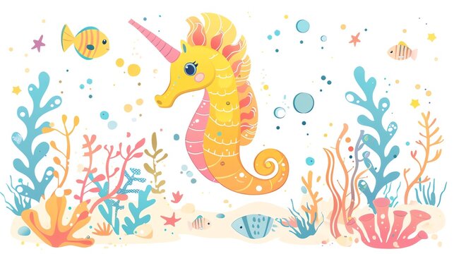 Create a clipart of a Birthday seahorse with underwater funin a kawaii style, simplified to feature fewer elements for a cleaner look, Use a color palette that is appealing to children, with br