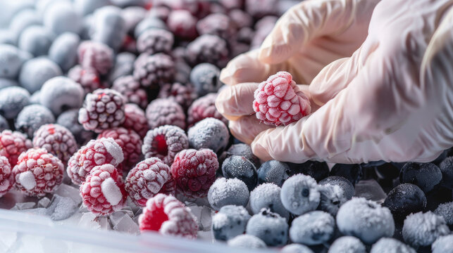 Gloved hands carefully selecting frosty raspberries and blueberries, highlighting freshness and meticulousness.