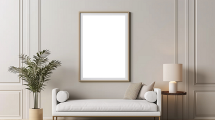 mockup wall frame in modern living room with sofa and window