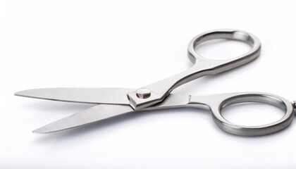 Obraz premium A sharp pair of stainless steel scissors, isolated on a white background, highlighting their precision and durability.