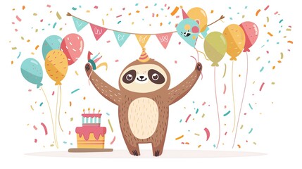 Fototapeta premium Create a clipart of a Sloth with a birthday bannerin a kawaii style, simplified to feature fewer elements for a cleaner look, Use a color palette that is appealing to children, with bright and