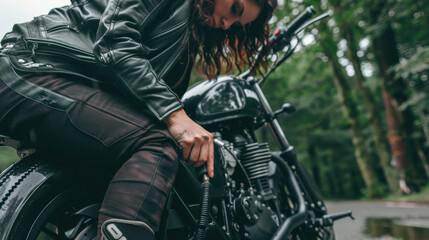 Naklejka premium A woman biker group posing with their motorcycles at a roadside stop.