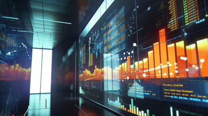 Illuminated data graphs and charts projected on futuristic screens in a high-tech control room, showcasing technological advancement and data analysis.