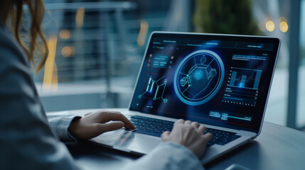 Hands typing on a laptop with futuristic digital graphics on the screen, symbolizing advanced technology and analysis.