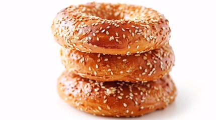 Three sesame bagels stacked on a blank backdrop showcase an enticing baked good.