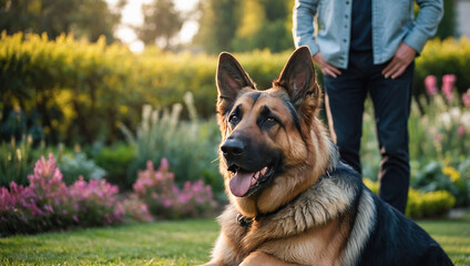 A loyal German Shepherd sits on the grass in a park, its owner standing nearby, both enjoying the peaceful atmosphere.