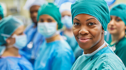 A focused African female surgeon in a hospital operating room with her diverse medical team, all wearing blue surgical masks and scrubs.