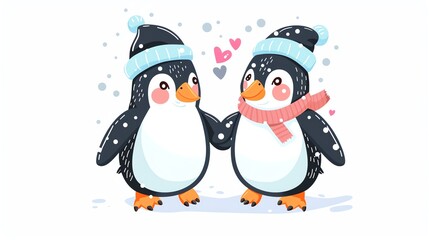 Fototapeta premium Create a clipart of a Penguin couple celebrating togetherin a kawaii style, simplified to feature fewer elements for a cleaner look, Use a color palette that is appealing to children, with brig