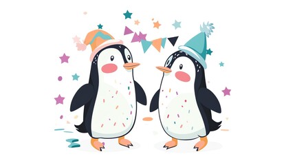Naklejka premium Create a clipart of a Penguin couple celebrating togetherin a kawaii style, simplified to feature fewer elements for a cleaner look, Use a color palette that is appealing to children, with brig