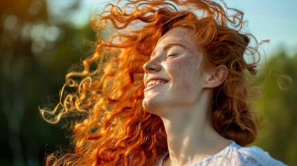 A red-haired woman with freckles smiles joyfully with her hair flowing freely in the wind, capturing a moment of pure happiness under the bright sun.