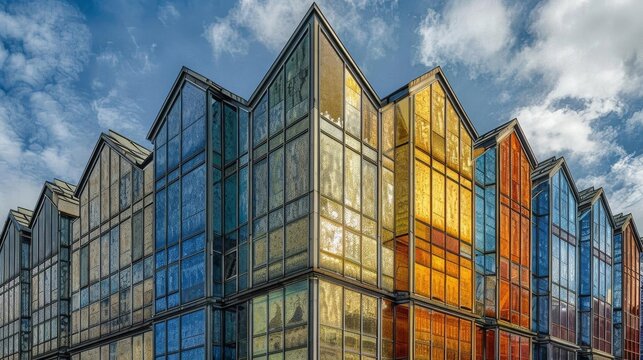 A vibrant architectural detail showcasing a series of vertical stripes in a rainbow of colors against a clear