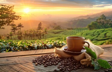 Coffee at Sunrise Over Lush Green Tea Plantation