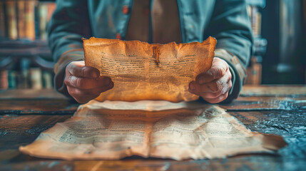 Historian reading old manuscript discovering historical facts in library