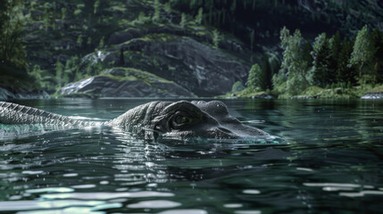 Fototapeta premium The head of a prehistoric sea creature surfaces in a serene, mountain-framed lake, creating a stunning juxtaposition of ancient life within a modern landscape.