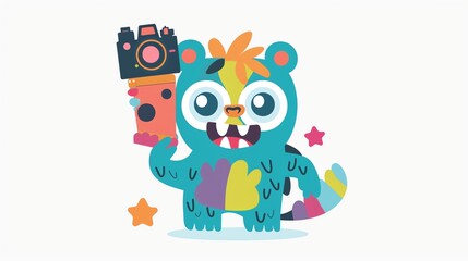 Create a clipart of a Monster Photographer Holding a camerain a kawaii style, simplified to feature fewer elements for a cleaner look, Use a color palette that is appealing to children, with br