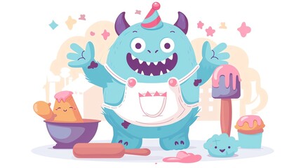 Create a clipart of a Monster Baker Apron and rolling pinin a kawaii style, simplified to feature fewer elements for a cleaner look, Use a color palette that is appealing to children, with brig