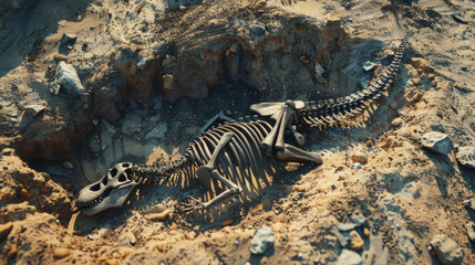 Naklejka premium An uncovered dinosaur skeleton partially unearthed in a sandy excavation site, highlighting the mysteries of ancient history and paleontology.