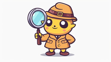 Create a clipart of a Monster Detective Magnifying glass and trench coatin a kawaii style, simplified to feature fewer elements for a cleaner look, Use a color palette that is appealing to chil