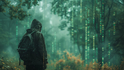 a cybersecurity hacker is working in a park where the trees are codes, binaries everywhere around the guy, green codes and dark vibe.generative ai