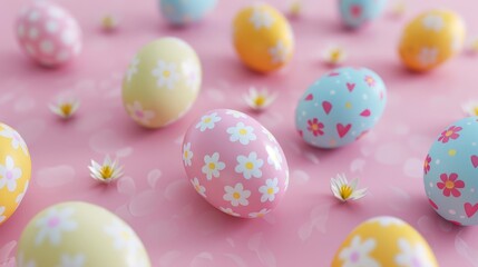 Fototapeta premium colorful easter eggs on pink background. 3d style, photo realistic, high resolution