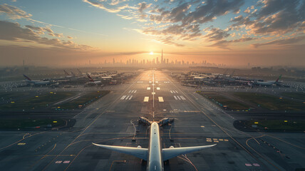Fototapeta premium Morning at a futuristic airport with a Boeing 787-9, city in background.generative ai