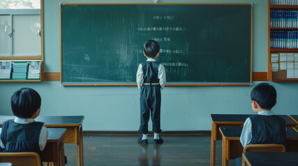A small child stands alone at a blackboard, facing away from the camera, immersed in thought and learning, with classmates in the background.