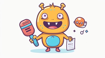 Create a clipart of a Monster News Reporter Microphone and notepadin a kawaii style, simplified to feature fewer elements for a cleaner look, Use a color palette that is appealing to children,