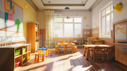 A sunlit classroom filled with colorful furniture and educational materials, ready for young children to start their school day.