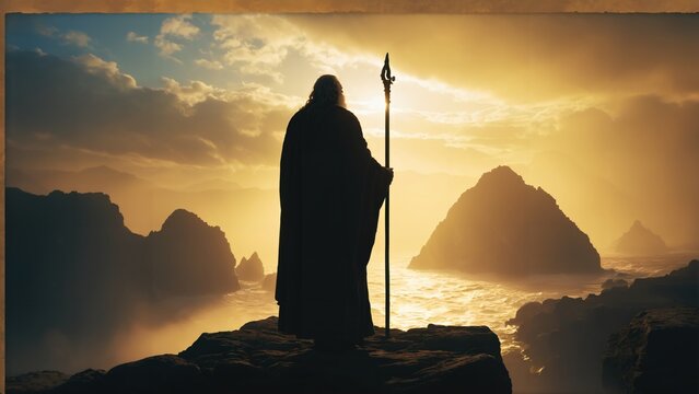 Generative AI, A hooded figure with a staff standing on a cliff overlooking a misty landscape at sunrise