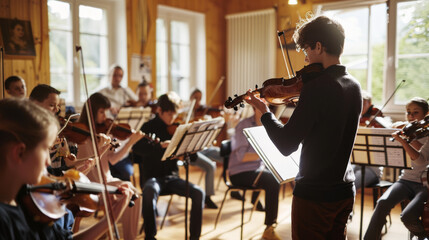 Fototapeta premium A group of violinists rehearsing in a wooden studio filled with natural light, epitomizing dedication and harmony in their musical ensemble.