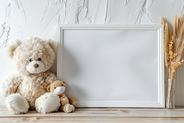 Blank white picture frame mockup in a bright simple childrens room interior. Eco friendly child wooden empty poster, toys white wall. Paper template and stylish scandinavian newborn cozy decoration.