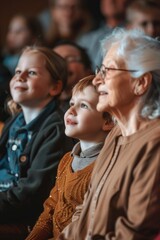 A family at the theater watching a performance together, smiling and enjoying the show. An older woman sits between two young children, with other spectators in the background.
