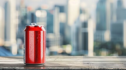Red Soda Can on a Wooden Table with City Skyline Background