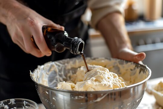 Adding vanilla extract to mixing bowl with batter