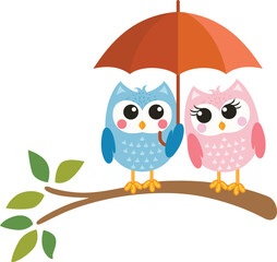 Couple of owls on branch tree holding a umbrella