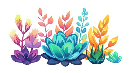 a clipart of a Succulent plant with colorful rosette leavesin a kawaii style, simplified to feature fewer elements for a cleaner look, Use a color palette that is appealing to children,