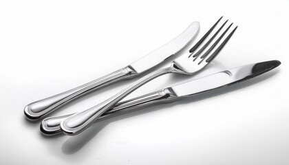 A stainless steel fork and knife set, isolated on a white background, showcasing their clean and elegant design.