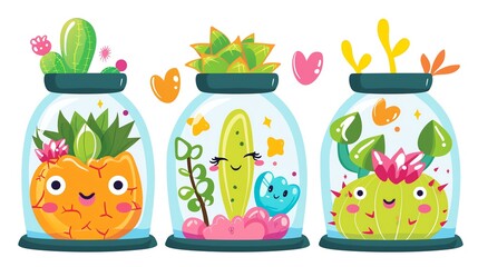 Create a clipart of a Succulent terrarium with miniature decorationsin a kawaii style, simplified to feature fewer elements for a cleaner look, Use a color palette that is appealing to children
