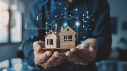 Two wooden miniature houses are delicately held in hands against a futuristic backdrop of holographic data and graphs representing real estate and technology.