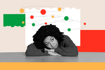 Creative drawing collage picture of tired minded dreamy young female office worker freak bizarre...