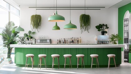 White and green cafe interior with bar counter, Ai Generative