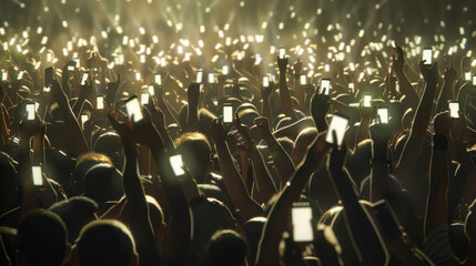 A concert crowd holding up their phones, illuminating the scene with bright screens, under a stunning light show.