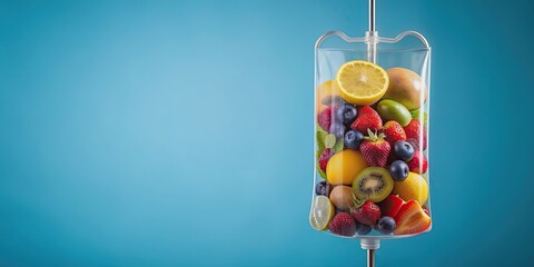 Creative IV bag filled with colorful fruits on a blue background , healthcare, medical, fruit, colorful, infusion