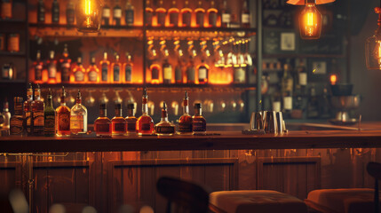 A warm and inviting bar interior with an array of bottles and glowing amber lights, perfect for a cozy evening gathering.