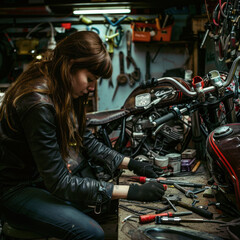 Plakat A woman polishing her motorcycle in her garage.