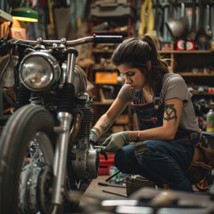 Plakat A woman polishing her motorcycle in her garage.