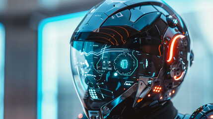 Close-up of a futuristic helmet with heads-up display (HUD) features