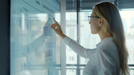 A professional woman interacts with a futuristic, large touch screen in an office environment, analyzing data and charts.