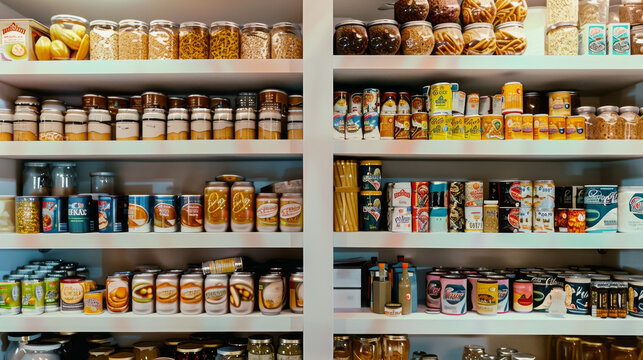 A well-organized pantry showcasing diverse spices, cereals, and canned goods on white shelves, bathed in even lighting for a clean, inviting look.